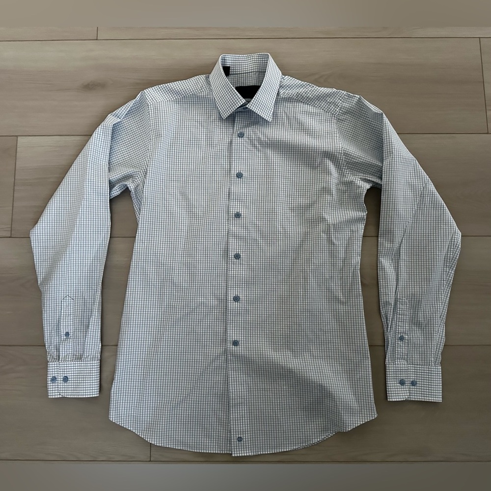 David Donahue Slim Fit Dobby Check Barrel Cuff Dress Shirt Seafoam Size 16 36/37